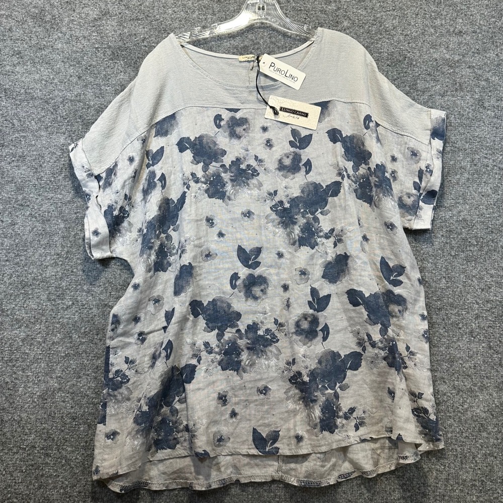 Lungo L'Arno Floral Linen Top Women 2X Gray Navy Lagenlook Coastal Made in Italy